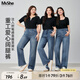 MsShe【重工燙鉆闊腿牛仔褲】大碼女裝2025秋裝胖mm高腰直筒長褲 牛仔中藍色現(xiàn)貨 3XL