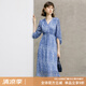 顏域藍(lán)色氣質(zhì)連衣裙女裝2024新款春季收腰顯瘦七分袖V領(lǐng)碎花裙子 藍(lán)花 L/40