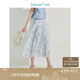 茵曼垂感花卉2025夏季女裝新款寬松大擺a字傘裙 湖水藍(lán)色花-半身裙 XL