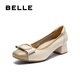 百麗（Belle）氣質(zhì)方跟淺口單鞋女2025秋新商場(chǎng)同款牛皮通勤單鞋E1A1DCQ5 米白/杏 37