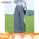 lagogo經(jīng)典格子休閑褲女拉谷谷2025年夏季新款編織腰帶直筒闊腿褲 混色 M