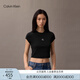 Calvin KleinJeans25春夏新款女士簡(jiǎn)約刺繡時(shí)尚ck辣妹正肩羅紋短袖T恤47AB212