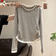 啄木鳥(niǎo)長(cháng)袖T恤女圓領(lǐng)正肩假兩件打底褶皺彈力緊身收腰內搭上衣 深灰 2XL