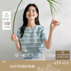 茵曼百搭輕薄通勤風女裝條紋針織短袖t恤夏季顯瘦套頭上衣 藍色 L