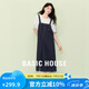 Basic House/百家好拼接撞色背帶設(shè)計感夏季新款短袖圓領(lǐng)連衣裙女 藏青色 L