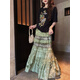 三吉黑花【鈴蘭信】蕾絲半身裙女刺繡扎染拼接2025新款今年爆款 青綠 S