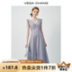 VEGA CHANG法式連衣裙女2025新款夏季碎花裙收腰褶皺小飛袖荷葉邊裙子背心裙 碎花 S