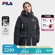 FILA 斐樂官方女裝中長款時尚派克羽絨服休閑連帽工裝外套 正黑色-BK 2XL