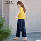 佰藍嬌亞麻套裝女2025夏季新款時(shí)尚韓版氣質(zhì)小飛袖上衣休閑闊腿褲兩件套 黃色+藏青色（套裝） L （建議121-135斤）