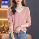 羅蒙春秋薄款針織衫女長(cháng)袖上衣2025新款v領(lǐng)大碼氣質(zhì)假兩件毛衣打底衫 粉色 L 【建議110-120斤】