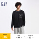 Gap男女裝純棉logo明線拼接口袋長(zhǎng)袖T恤上衣636871 黑色 175/96A(L) 亞洲尺碼
