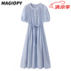 MAGIOPY國(guó)際奢侈品牌女裝高檔天絲連衣裙女夏季新款歐若風(fēng)襯衫圓領(lǐng)裙子女 藍(lán)色 L