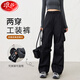 浪莎黑色工裝褲女春秋季新款美式?jīng)_鋒褲高腰闊腿小個子戶外登山運動褲 黑色 XL 【推薦80-100斤】