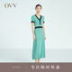 OVV2023春夏新款女裝復(fù)古撞色修身短袖A字傘裙針織連衣裙 湖藍(lán)鑲拼02 M