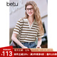 百圖betu女裝2025春夏新款T恤條紋立體愛心珠子刺繡短袖女2502T17 咖條紋 M