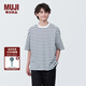 無(wú)印良品（MUJI） 男式 水洗 粗棉線 圓領(lǐng) 五分袖T恤 男士打底衫男款短袖 深藏青色條紋 L(175/100A)