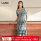藍地（LANDI）波西米亞風印花復古連衣裙女短袖收腰中長裙夏新品 葉綠色 M