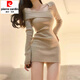 皮爾卡丹純欲辣妹緊身包臀短裙秋冬季2025新款女內搭針織毛衣修身連衣裙子 【卡其色】【氛圍感穿搭/小眾不 S 40/45kg