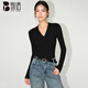 別語深V領修身打底衫女春秋氣質顯瘦高級感長袖t恤緊身上衣 黑色  L 