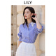 LILY2025秋新款女裝復古藍色格紋氣質(zhì)蕾絲繡花翻領(lǐng)長(cháng)袖襯衫外套 401藍色 M