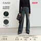 AMII2024冬新款休閑丹寧風復古洗水植絨加絨牛仔褲女長褲直筒褲子 深牛仔藍 165/72A/L