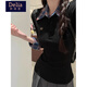 矜持范毛衣女2025年秋季女假兩件格紋撞色打底polo領(lǐng)針織衫女長袖t恤 黑色 M
