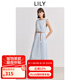 LILY2025春新款女裝條紋寬松休閑小飛袖收腰圓領(lǐng)藍(lán)色連衣裙中長裙 401藍(lán)色 L
