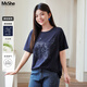 MsShe【天絲棉】大碼女裝2025夏裝胖mm高級感燙鉆閃粉印花短袖T恤 【鴿子印花】藏青藍色現(xiàn)貨 3XL