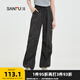 三福休閑褲2025夏季英文刺繡寬松闊腿工裝風(fēng)褲子女裝497905 黑色 L