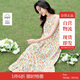 茵曼度假風(fēng)全棉印花吊帶連衣裙夏季女裝無袖a字中長裙 清新碎花  XL