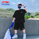 LI-NING KIDS李寧男童運動套裝夏季中大童短袖速干短褲休閑寬松兒童兩件套童裝 黑色小標(biāo)速干t恤+速干短褲 150 cm