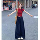 森馬（Semir）大碼復(fù)古美式牛仔褲女2025春夏胖mm寬松高腰顯瘦直筒闊腿拖地褲子 深藍色 L 【建議110-120斤】