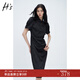 H's立領(lǐng)提花旗袍裙夏季新品女裝國風盤扣抽褶改良新中式連衣裙子 黑色 M