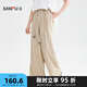 三福休閑褲2025夏季串珠裝飾腰帶寬松棉麻闊腿長(zhǎng)褲女裝503667 卡其色 M