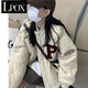 LPOX棉服女2025年棉襖棒球服冬季外套小眾設計感菱格oversize棉衣 米白 M 建議100-115斤