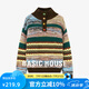 Basic House/百家好復(fù)古立領(lǐng)彩扣毛衣撞色條紋長(zhǎng)袖上衣秋冬氣質(zhì)女 花色 均碼