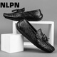 NLPN年新款流蘇豆豆鞋男真皮軟底品牌懶人鞋英倫一腳蹬駕車(chē)鞋 D105黑色【牛皮款】 42