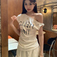 爾山集短袖T恤女夏季2025新款斜肩露肩白色字母上衣寬松女裝 斜肩短袖女 M （90-105斤）