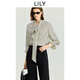 LILY2025秋新款女裝含亞麻細條紋飄帶領(lǐng)正肩休閑通勤長(cháng)袖襯衫外套 703米色 S