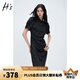 H's立領(lǐng)提花旗袍裙夏季新品女裝國風盤扣抽褶改良新中式連衣裙子 黑色 M