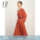 玖姿·安娜蔻V領(lǐng)長(cháng)袖復古抽褶雪紡柿子花印花連衣裙女款 花桔紅 L