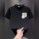 益帛重磅短袖polo衫男夏季薄款韓版潮流刺繡貼布寬松休閑翻領(lǐng)五分T恤 黑色 XL 【建議115-130斤】