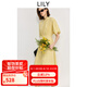 LILY2025夏新款女裝簡約減齡氣質(zhì)休閑收腰燈籠袖短袖淺黃色連衣裙 202淺黃 L