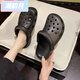 潮韻月增高cm厚底洞洞鞋新款夏季外穿新款增高eva防滑沙灘鞋女夏款 黑色簡約款 39-40