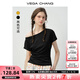 VEGA CHANG短袖女t恤2025新款夏斜肩設計感修身收腰顯瘦露肩上衣 高級黑 S