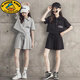 G.DUCKKIDS女童夏季運(yùn)動(dòng)套裝2025新款中大童炸街女孩休閑短袖夏5分褲兩件套 灰色【套裝】 160 cm