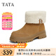 他她（TATA）厚底冬季雪地靴女靴子加絨保暖短靴棉鞋新款7D253DD4 棕/米白（半絨半毛） 36
