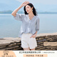 香影【王楚然明星同款】白色娃娃衫上衣女夏含亞麻小衫淡人薄v領(lǐng)襯衫 藍色 L 165/88A/110-125斤