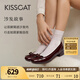 KISSCAT接吻貓船鞋復(fù)古法式平底鞋溫柔蝴蝶結(jié)女士單鞋KA54518-10 酒紅色 牛漆皮 37