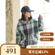 無色無味【經(jīng)典休閑】春裝亞麻休閑格子連帽藍綠格森系通勤長袖短外套女裝 藍綠格紋 XL (40)
